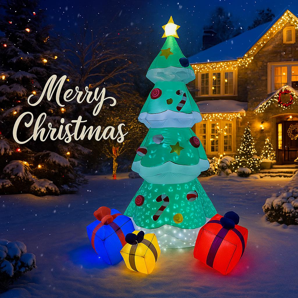 7.87FT Inflatable Christmas Tree Gift Boxes Toy LED Lit Festive Gift Xmas Yard Lawn Party Decoration Xmas Supplies Home Ornament