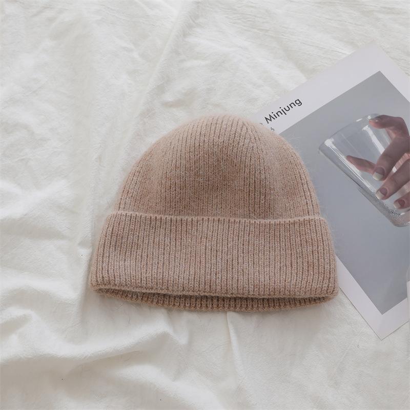 Korean Style Rabbit Fur Knitted Label Hat for Autumn and Winter Thickened To Show Face  Small Ear Protection Couple's All Match Pullover Hat