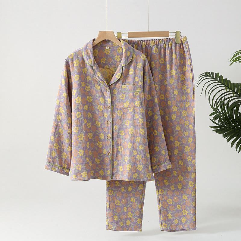 Cotton Winter Women Pajamas Long Sleeved Pants Women's Pajamas Suit Two Piece Set Home Clothes Flower Jacquard Sleepwear