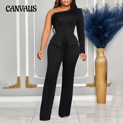 Top da donna primaverili e autunnali Set di pantaloni con spalle inclinate che bordano OL Tongle Abito a due pezzi di grandi dimensioni