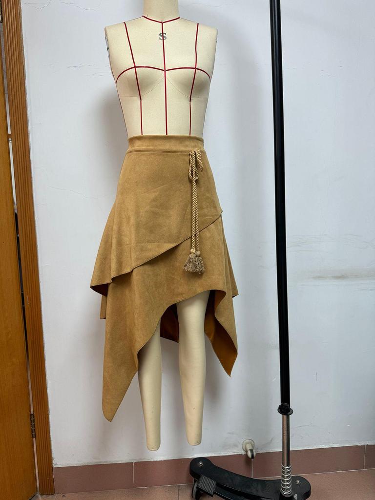 Retro Europäischer Unregelmäßiger Westlicher Wildlederrock, Einfarbig, Kollektion 2026