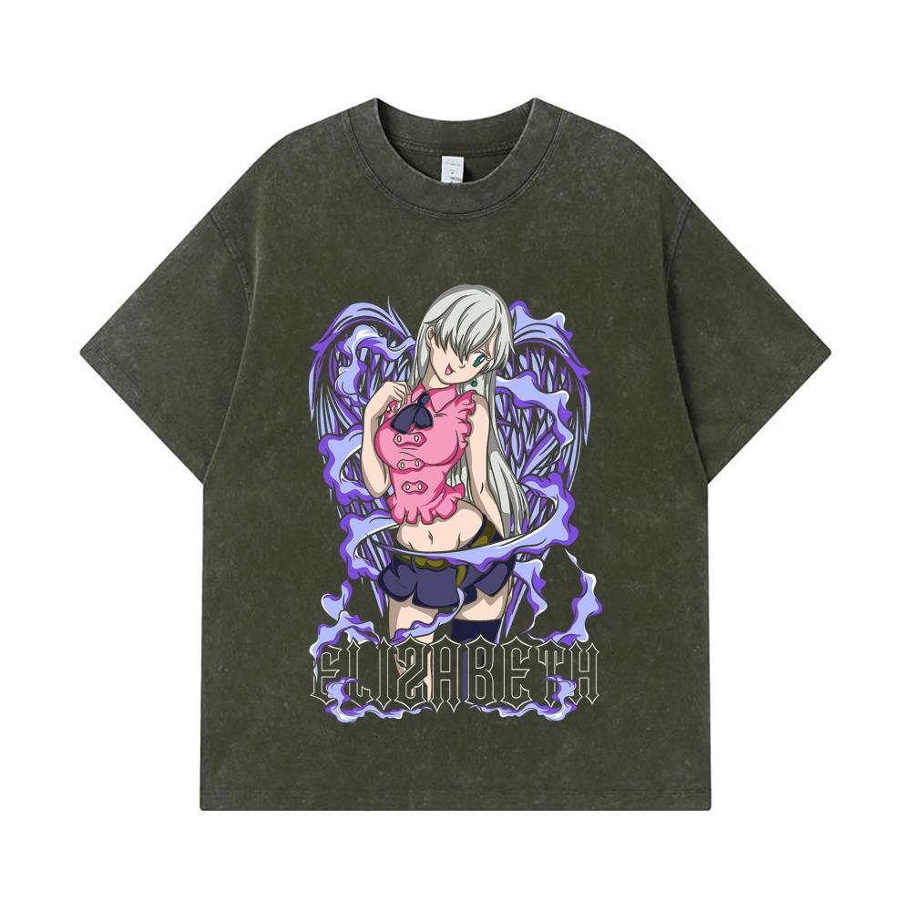 

275 GSM Washed T-shirts 100% Cotton Seven Deadly Sins V3 Elizabeth Print Unisex Heavy Cotton T Shirt S армия зеленый