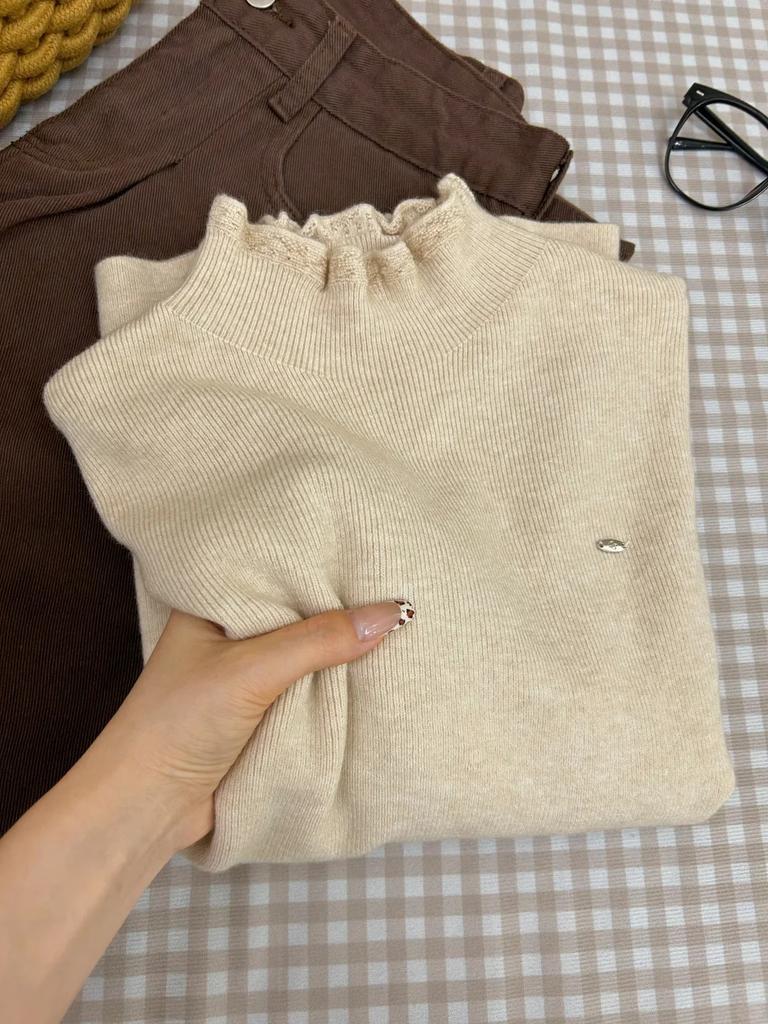 Lace semi-turtleneck fungus edge knitted sweater women's autumn and winter versatile slim-fitting long-sleeved bottoming shirt