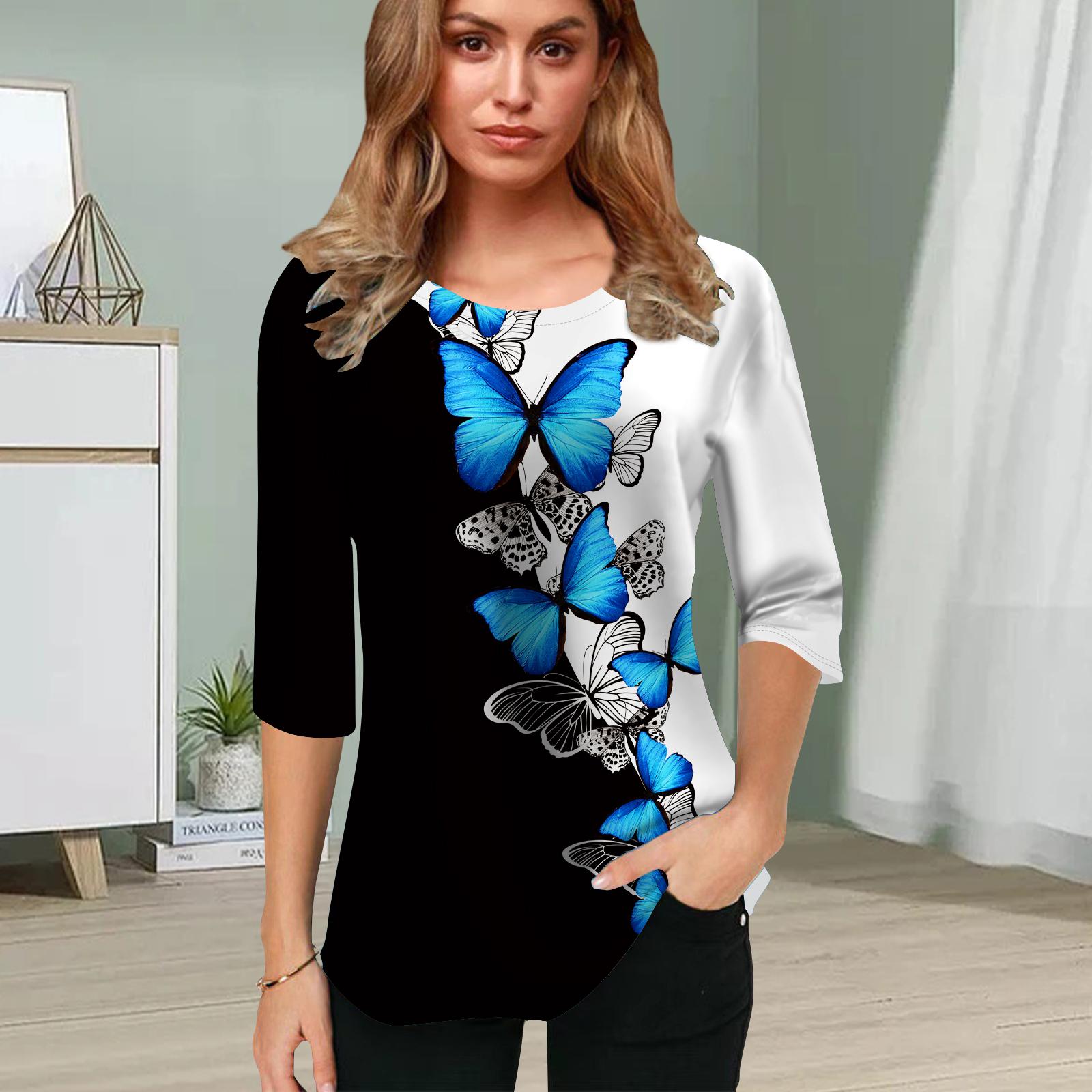 

Женская блузка с 3D-принтом в виде бабочек, двухцветная, с цветочным принтом и короткими рукавами, летние повседневные топы, футболка с круглым вырезом и короткими рукавами 8XL светло-синий