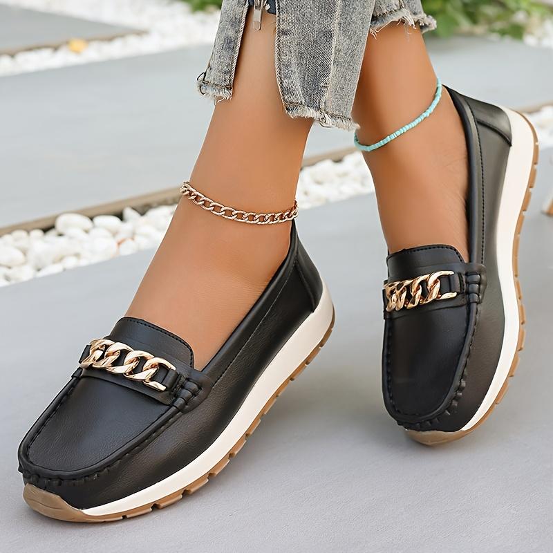 Plus Size Shoes 36-44 Casual Flat Loafers with Metal Buckles Women's Single Shoes Mom Shoes All-Season Loafers