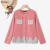 ZANZEA Women Casual Round Neck Loose Lace Splice Loose Blouse