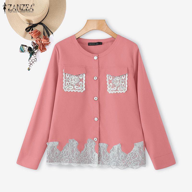 ZANZEA Women Casual Round Neck Loose Lace Splice Loose Blouse