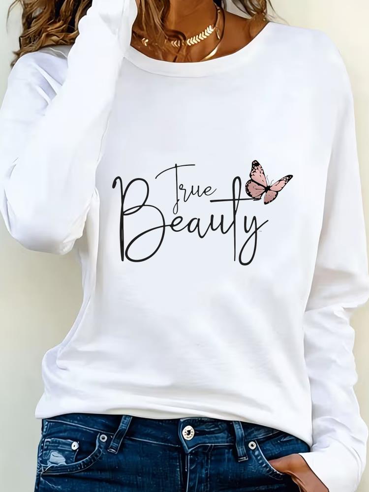 (Asian Size) Lovely Butterfly Style Print T Shirt Tee Women Clothing Autumn Winter Spring Casual Fashion Top O-neck Graphic Long Sleeve T-shirts
