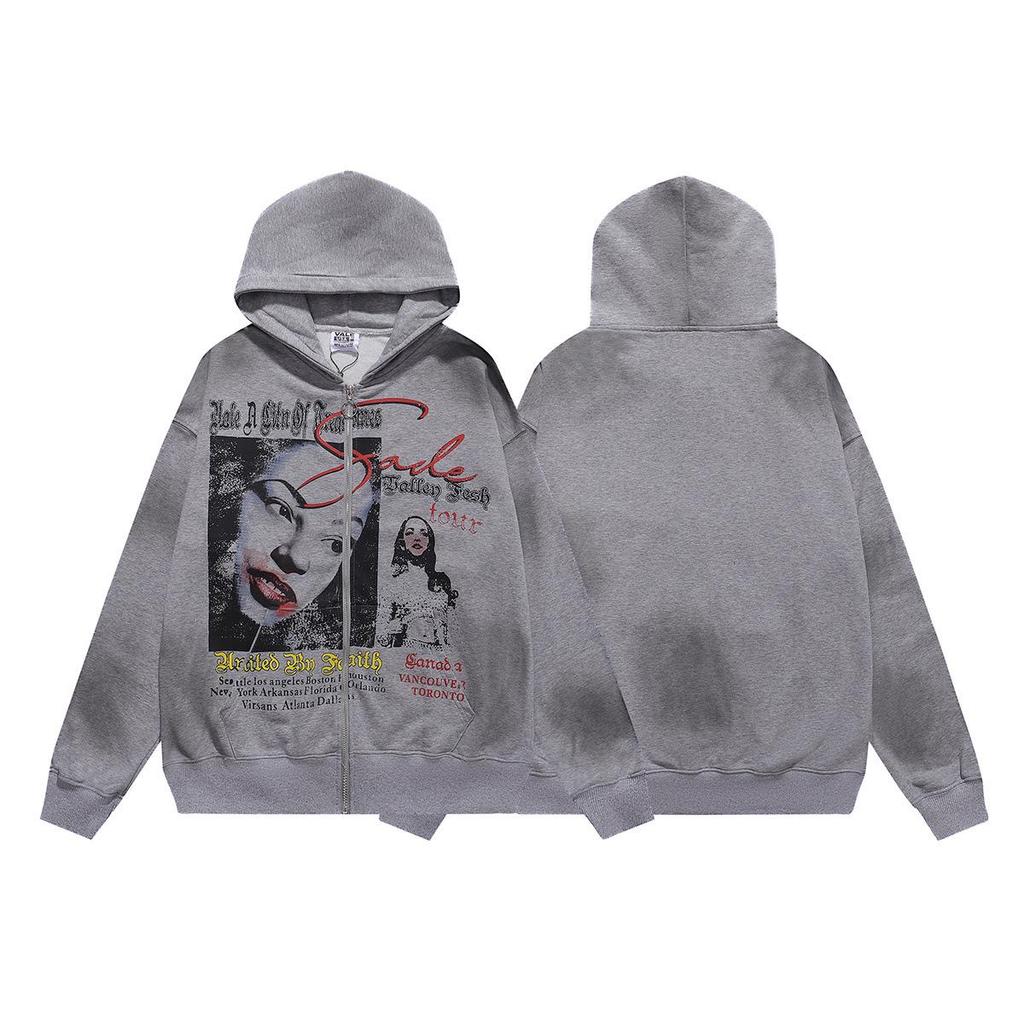 Unisex Retro Print Distressed Zipper Hoodie - Loose Fit, High Street American Style