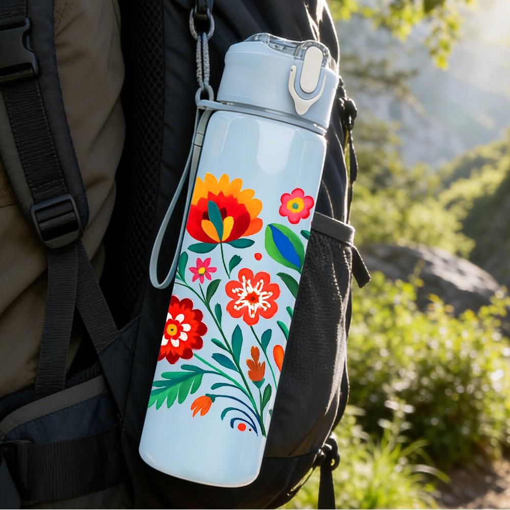 1PC Bright Folk Style Flower Bouquet Print 750ml Color Plastic Sports Water Bottle Leakproof Flip Straw Lid Suitable for Sports Office Home Use
