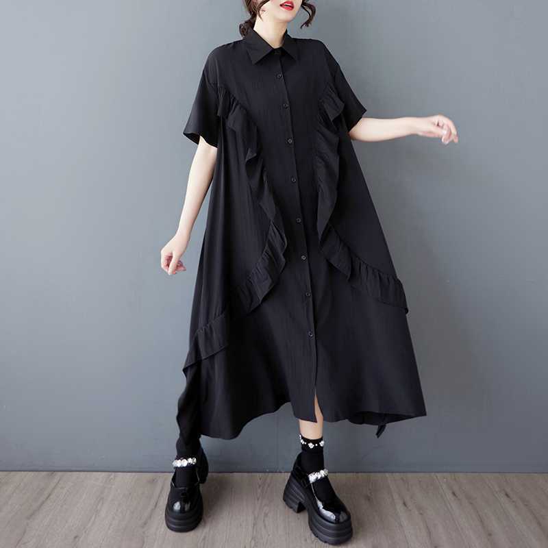 Summer Black Fungus Lace Shirt Dress, Loose and Fashionable Mid Length Dress