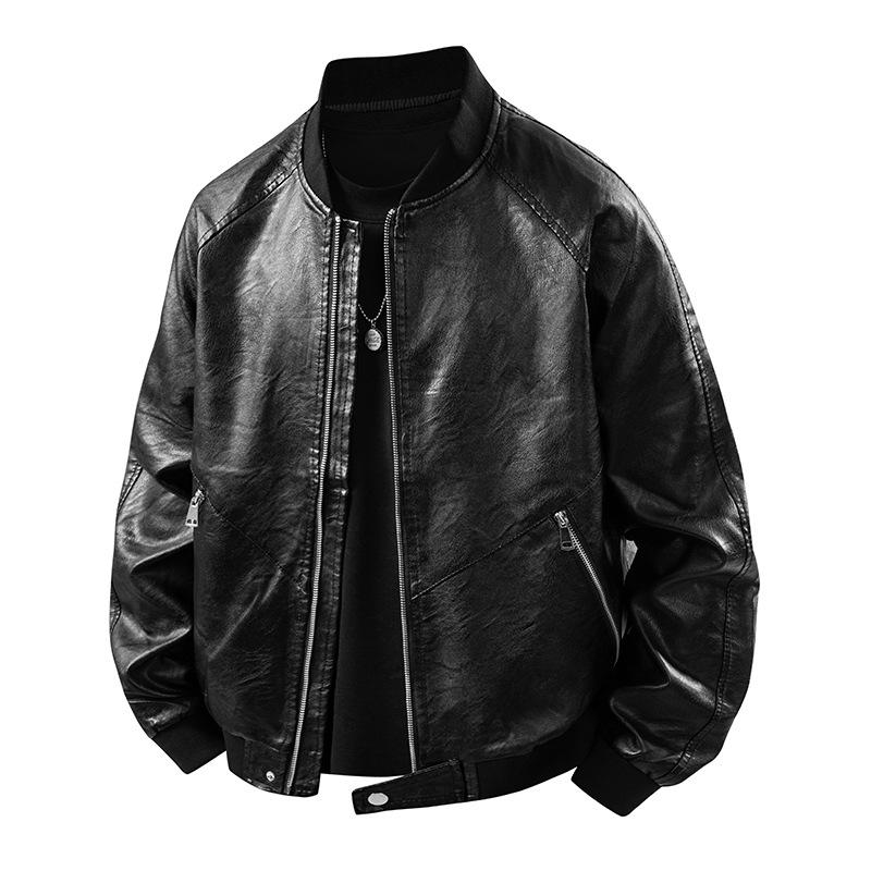 PU Leather Jacket Men's Coat Plus Size Youth Slim Fit Baseball Collar Leather Jacket