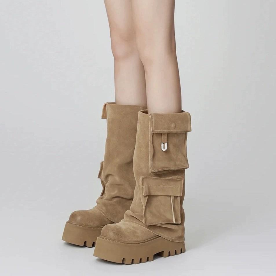 2025 autumn and winter new brown fashion boots versatile thick-soled cowhide version retro European and American style pocket trouser tube boots women