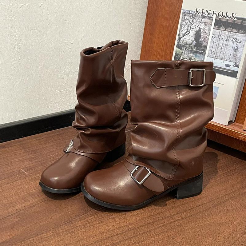 

Cowhide~ Retro Pleated Pile Boots Women s Thick Heel Black Medium Boots Western Boots Martin Boots Knight Boots 40