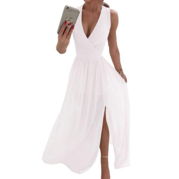

Women Evening Dress Sleeveless V Neck Floor Length Slim Waist Solid Color Pleated Split Hem Wedding Cocktail Party Dress 2XL білий