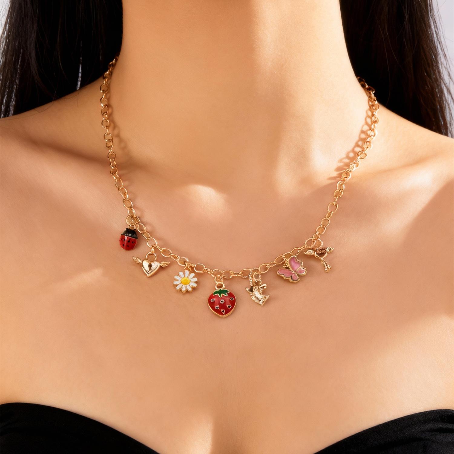 

Sweet Charms Heart Cherry Strawberry Bow Multiple Pendant Necklace for Women New Trendy Cute Fruit Choker Chain Y2k Jewelry Gift