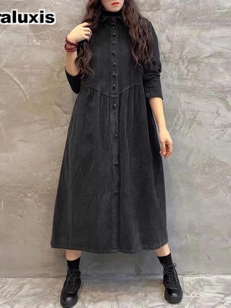 Herbst Winter Fleece Langarm Vintage Bohemian Locker Mittellang Cordmantel Windjacke für Damen