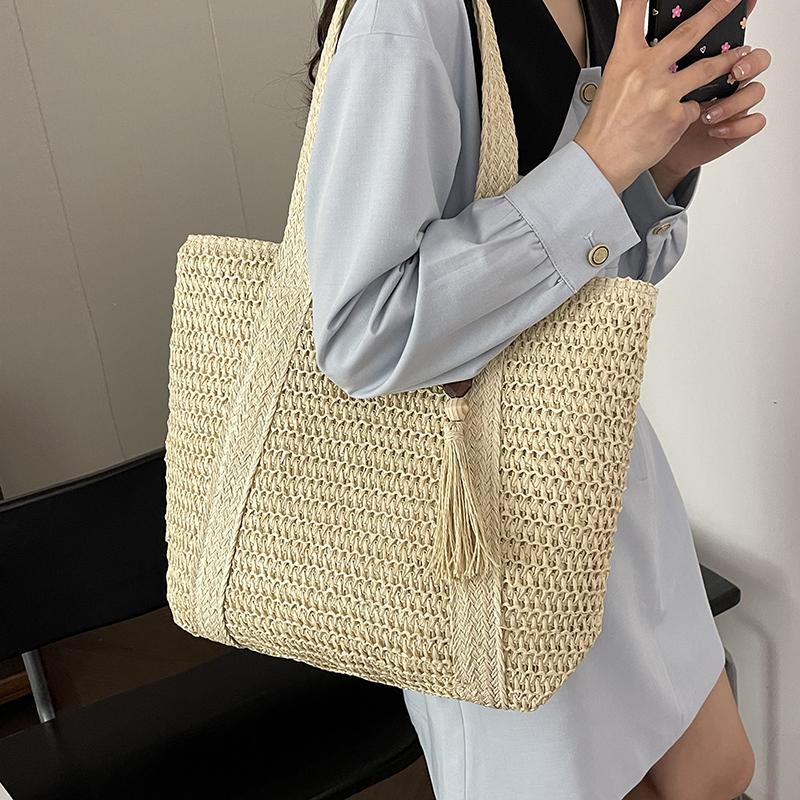 Summer Woven Shoulder Bag Women Beach Shoulder Bag Female Straw Knitted Handmade Large Capacity Handbag Purse Travel Tote Bags