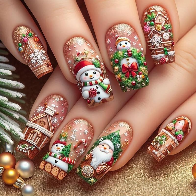 Snowflake Press on Nails Christmas Long Square Fake Nails Winter Snowman Acrylic Glue on Nail Glossy Xmas Stick on Nail for Women