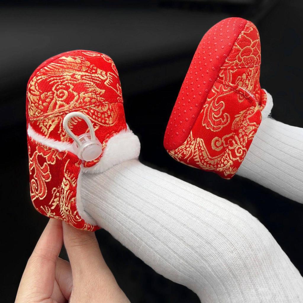 Chinese New Year Tiger Head Baby Shoes - First Birthday, Red & Warm for Winter Visits, Tang Suit Style