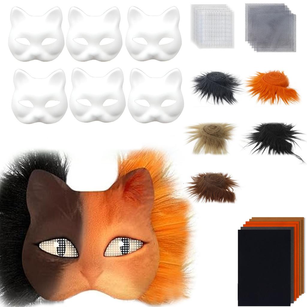 Lustiges Therianer Masken-Set Katzen Füchse Maske mit Fellen Augennetzen DIY Pelzige Tiermaske zum Bemalen für Halloween Cosplay Party