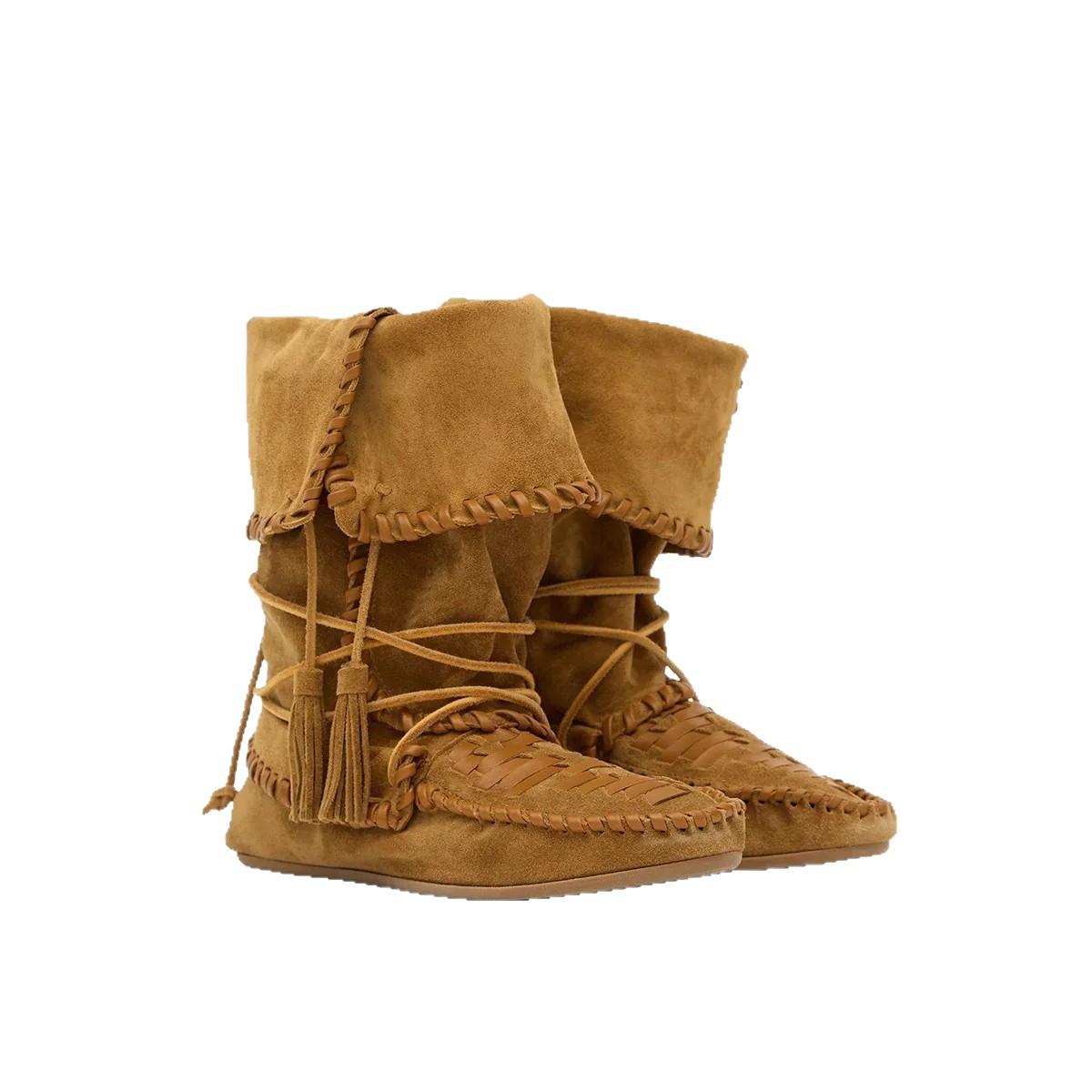 

2025 Новинка Коричневые замшевые ботинки с кисточками и декоративной строчкой женские с круглым носком кожаные полусапоги летние мягкие праздничные туфли 35 коричневый