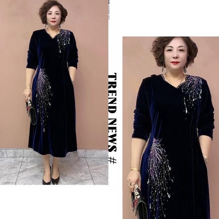 High-end Autumn Winter Retro Women's Velvet Plus-Size Dress V-neck Rhinestone Loose Long A-Line Casual Dress