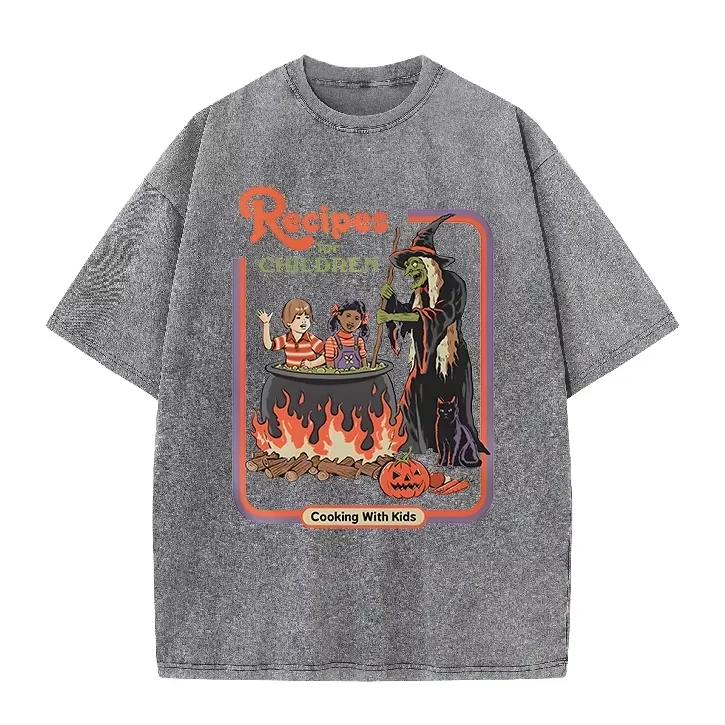 Washed Purple Retro Halloween Witch Cauldron Jack O Lantern Loose Tee