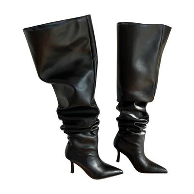 Oversized High-heeled Boots European and American Babes with Pointed Toe Stiletto Heels Over The Knee Wide Boots Heap Pile Boots