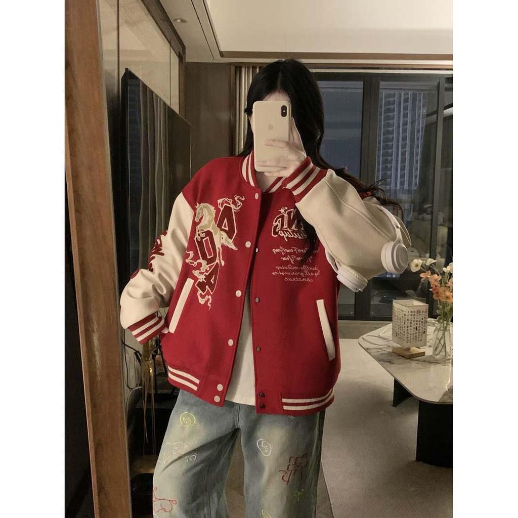 Women's Year of the Horse Embroidered Red Baseball Jacket Coat, 2026 Trendy Couple Design
