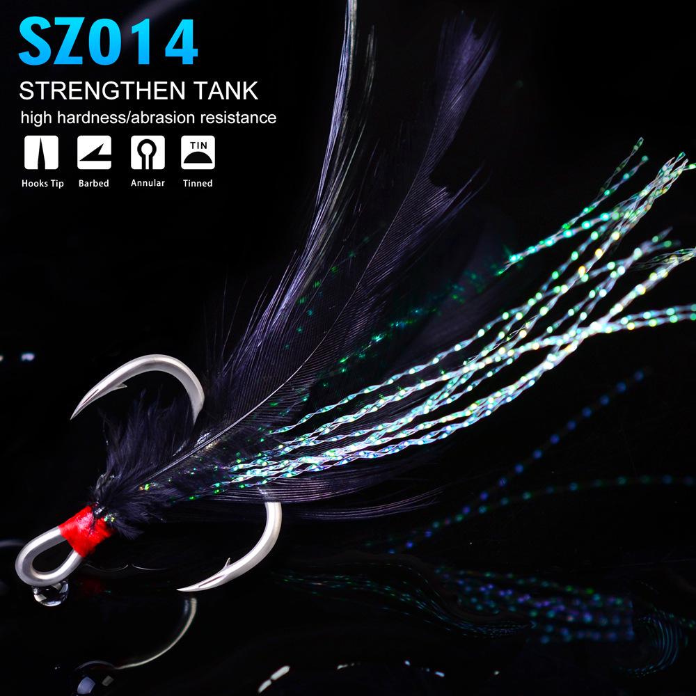 PRO BEROS Triple Fish Hooks with Feather Pendant - Barbed Au Jin Fishing Tackle