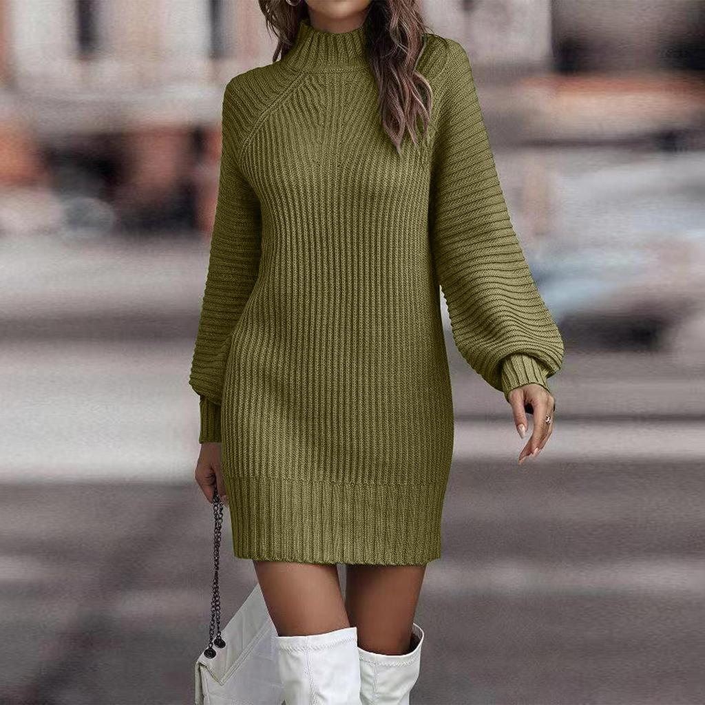 Women's Knitted Dress Turtleneck Winter Sweater Dress Knitted Dresses Midi Plain Long Wool Dress