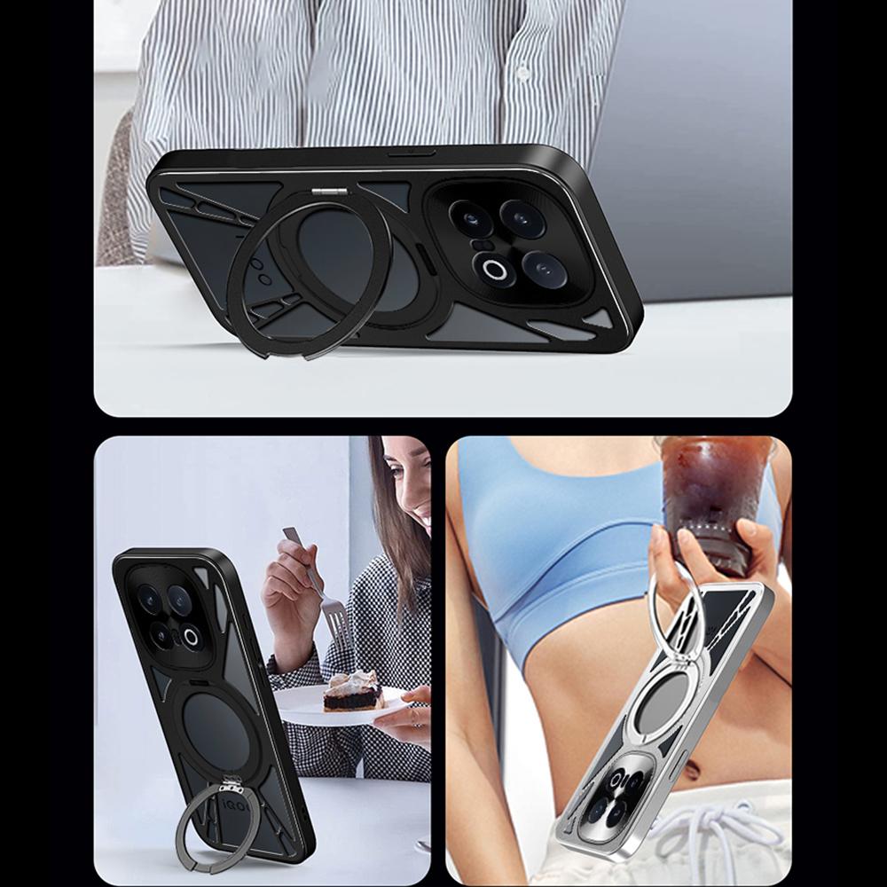 For vivo iQOO 15 5G Case Magnetic Kickstand Hollow Heat Dissipation Silicone + PC + Metal Bumper Phone Cover