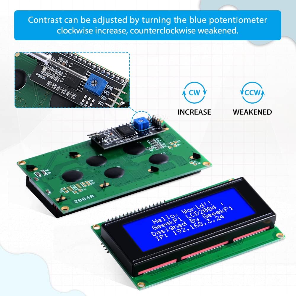 GeeekPi IIC I2C TWI Serial LCD 2004 20x4 Display Module with I2C Interface Adapter Blue Backlight for Raspberry Pi Arduino STM32 DIY Maker Project