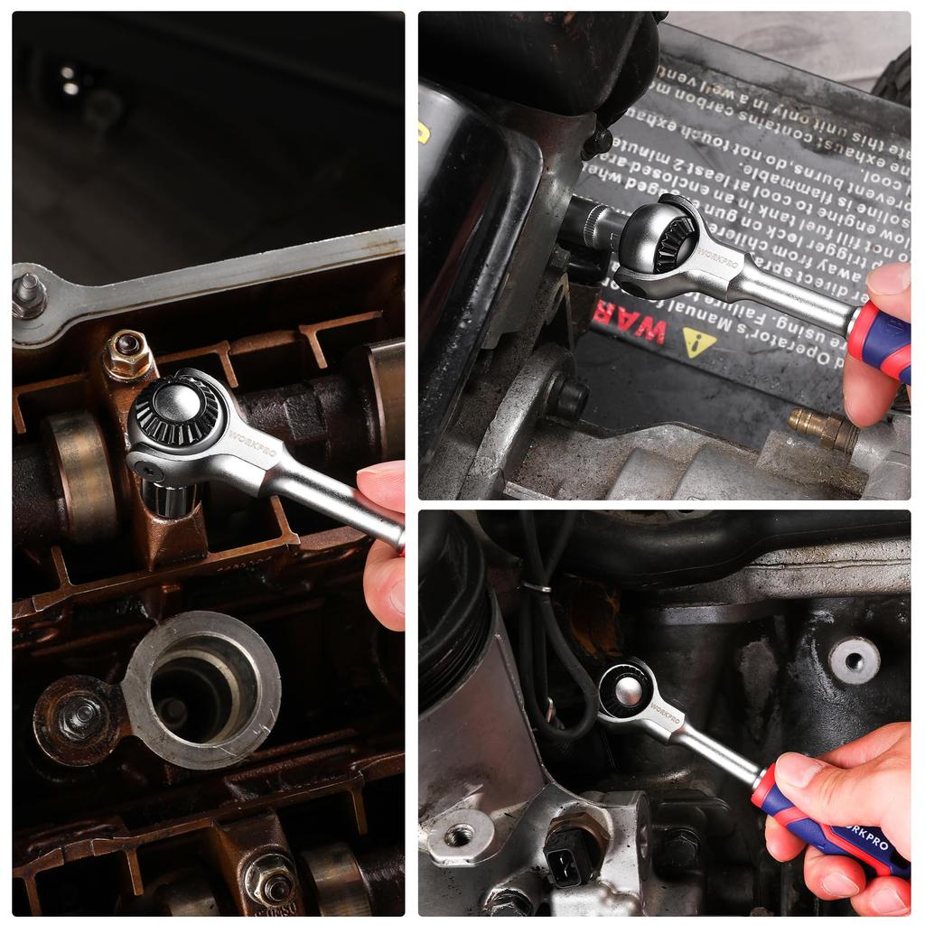 WORKPRO Swivel Ratchet Handle Adjustable Multi-Function Wrench 6.35mm Drive 150mm Overall Length 270° Swivel Head 72-Tooth Gear