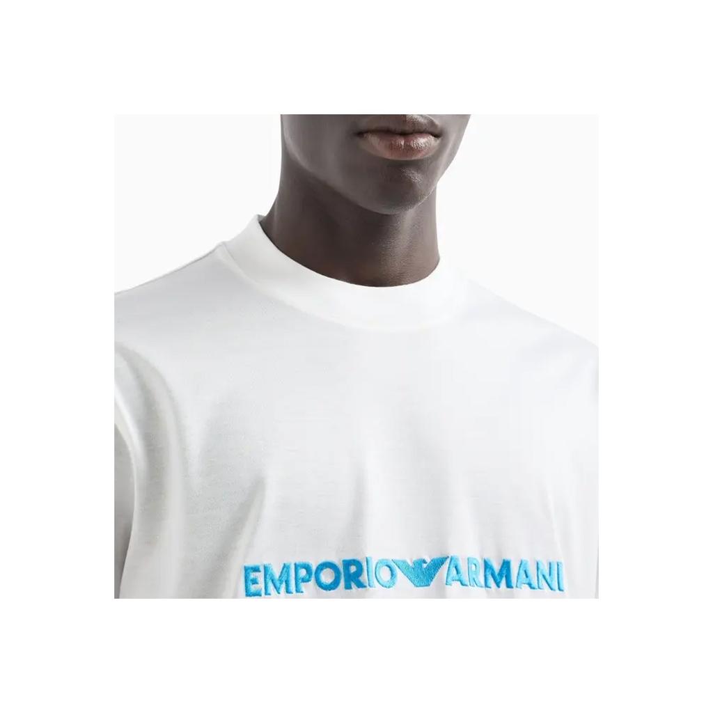 Emporio Armani Letter Logo Embroidered Round Neck Pullover Short Sleeve T-Shirt Men Tops Warm-White 6D1TR9-1JOSZ-0101