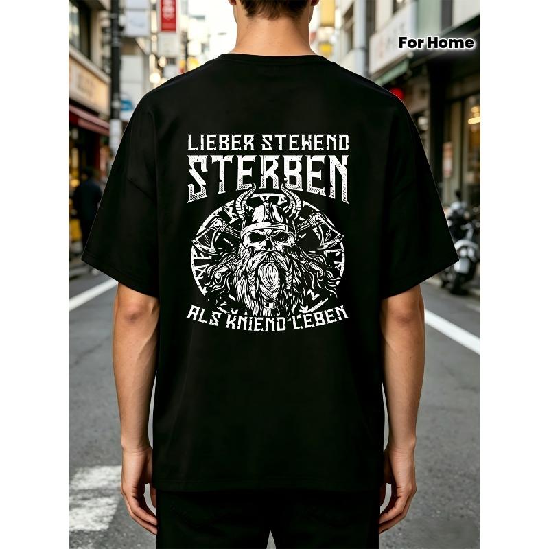 Европейские размеры Мужская футболка байкера с немецким текстом Lieber Stehend Sterben Als Kniend Leben Viking Lieber Stehend, Черная футболка сзади M чёрный
