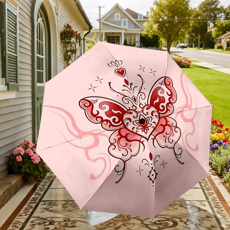 1pc Butterfly Heart Automatic Folding Umbrella 8 Rib Iron Frame,  Suitable for Travel, Daily Use, Birthday, Women & Men Gift c1231067