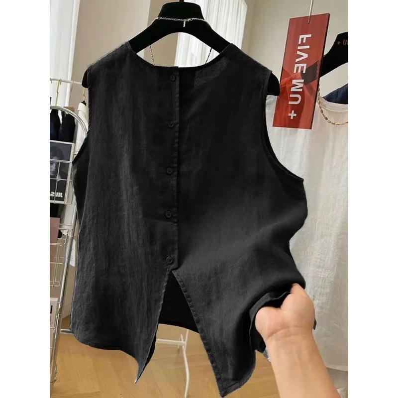 Cotton and Linen Round Neck Summer Thin Loose Literary Versatile Shirt Sleeveless Top Small Vest