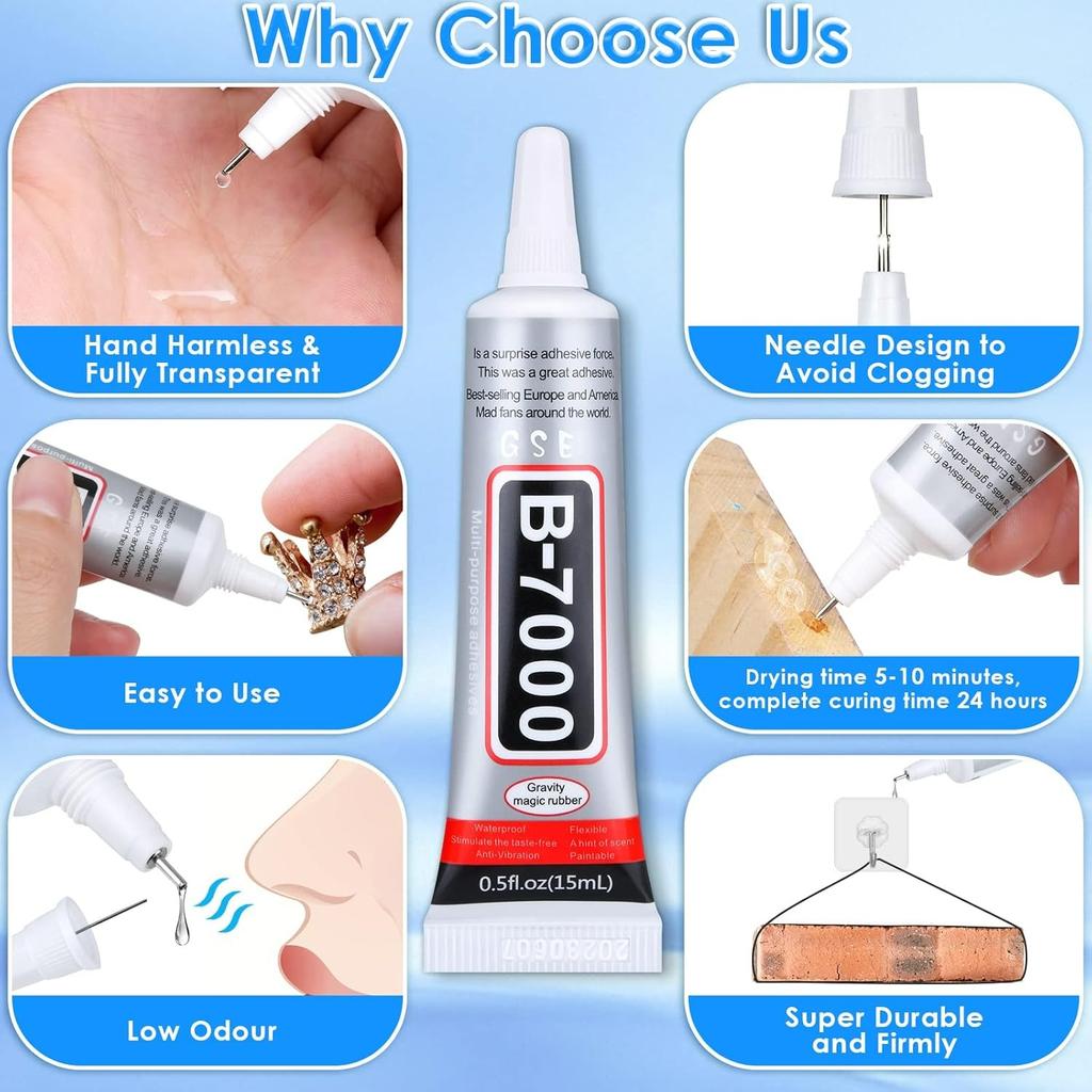 B7000 Jewelry Rhinestones Glue,Clear Super Glue Transparent Industrial Adhesive for Phone Repair Jewelery Making Crafts Gem Fabric Metal Nail Art