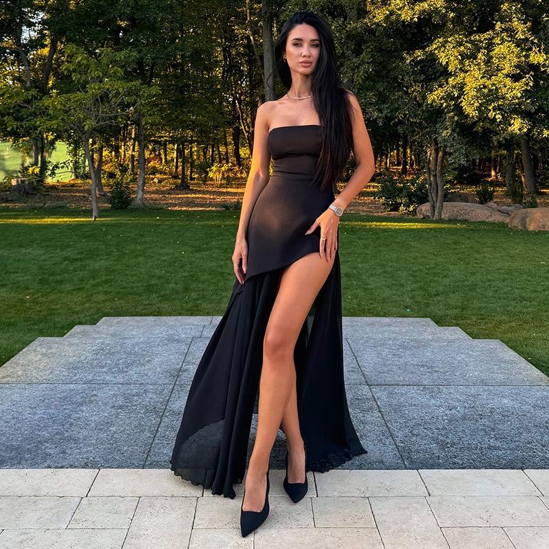 

Socialite Style Strapless Mesh Hem Slimming Slit Skirt Dress Large