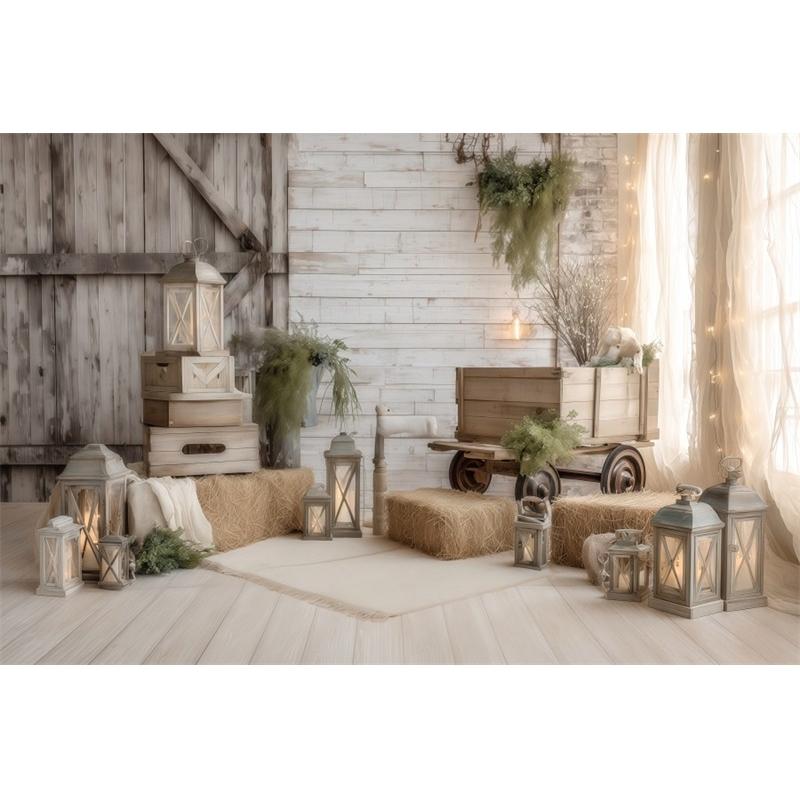 Weiße Holztür Scheunen Fotografie Kulisse Westliches Thema Heuhaufen Kranz Kinder Familienporträt Hintergrund Fotostudio Requisiten