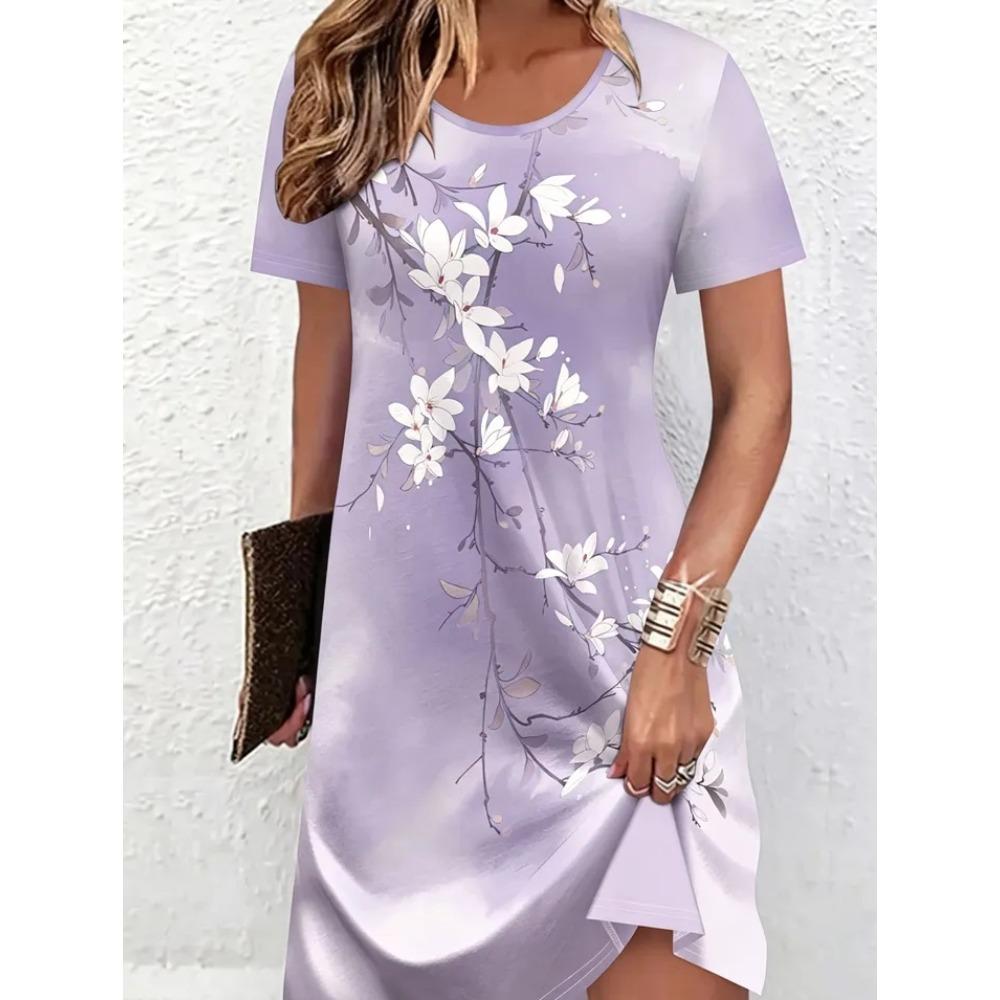 Summer Fashion Flowers 3d Print Comfortable Breathable Round Neck Short Sleeved Dresses Women Creative Colorful Plus Size Loose Dresses