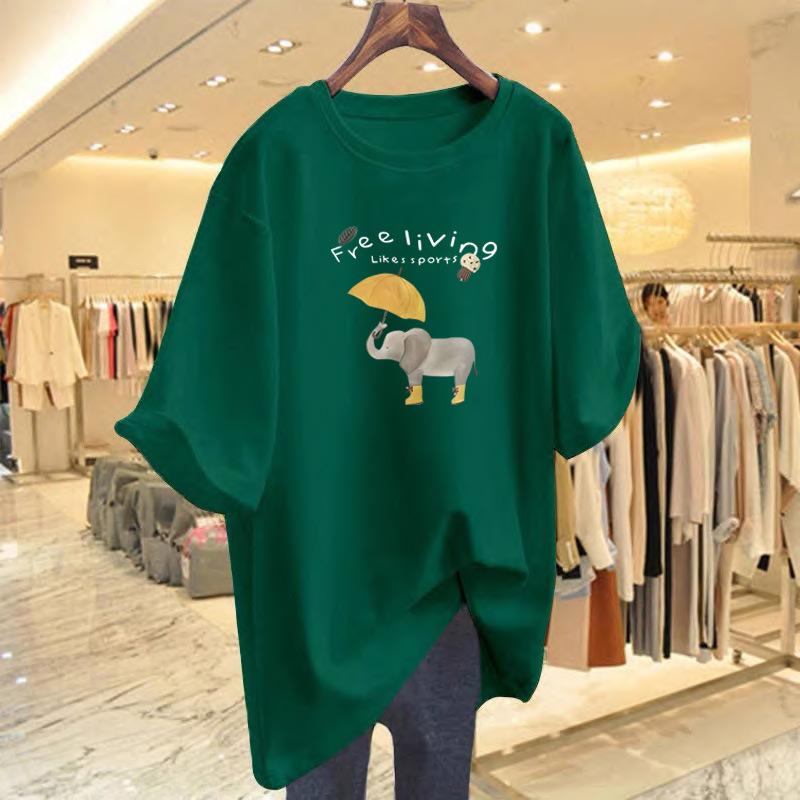 Umbrella baby elephant short-sleeved T-shirt women's summer new Korean simple and loose pure cotton non-sensory printing comfortable top