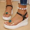 Rhinestone Decor Wedge Heeled Sandals Women Summer Thick Bottom Beach Shoes Woman Fashion Buckle Strap Platform Sandalias Mujer