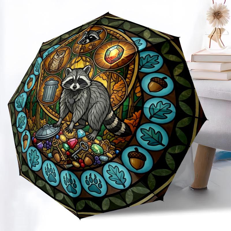 Raccoons Glass Adventure pattern umbrella, portable and foldable design, 8 ribs, a casual accessory for Halloween, Christmas, and birthday gifts. разноцветный