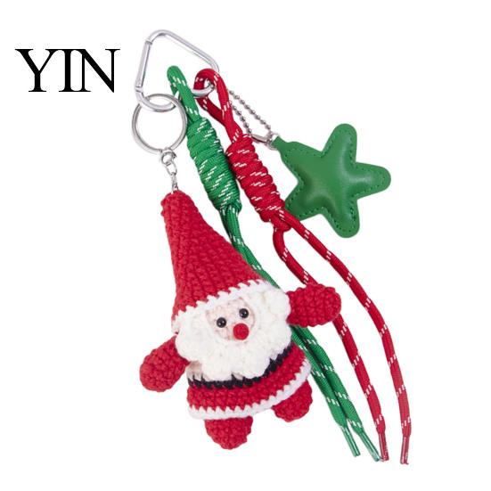 Knitted Holiday Embellishments Christmas Santa Claus Bag Charm, Crochet Keychain Pendant with Key Accessories Faux Leather Star, Xmas Hanging