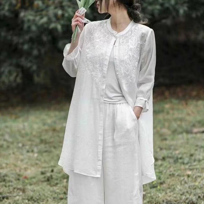 Women's 2024 Retro Embroidered Cotton Linen Stand Collar Mid-Length Shirt-Coat