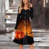 Women's Casual Fashion Sexy Comfortable Sundress Button Long Sleeves With Pockets Halloween Printed Dress