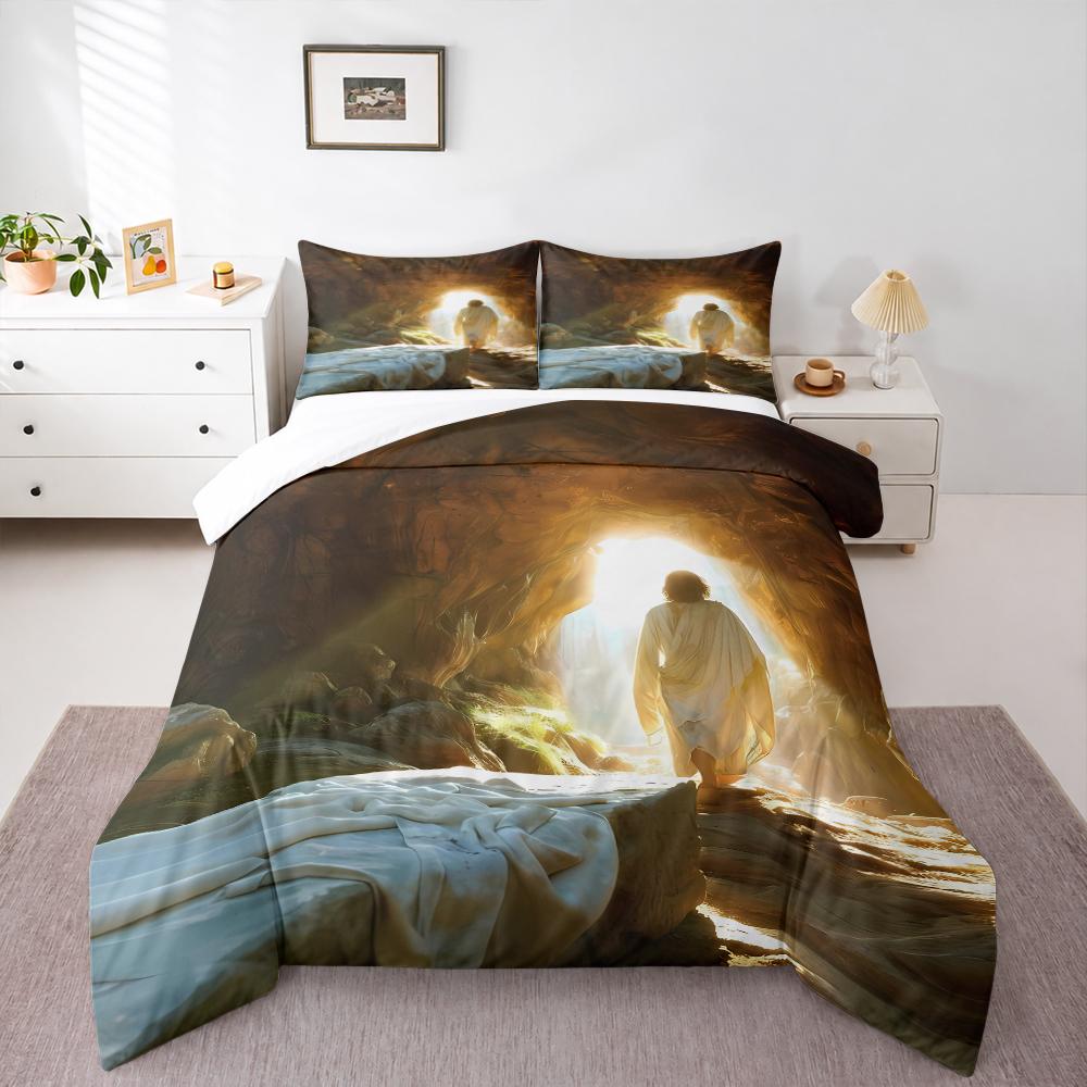 Risen Jesus Empty Tomb Bedding set (1 duvet cover, 2 pillowcases, duvet not included), Sunrise Cave Christian Faith Scenery Art Print